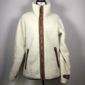 Patagonia cream teddy bear jacket coat brown edging zipper high neck winter M